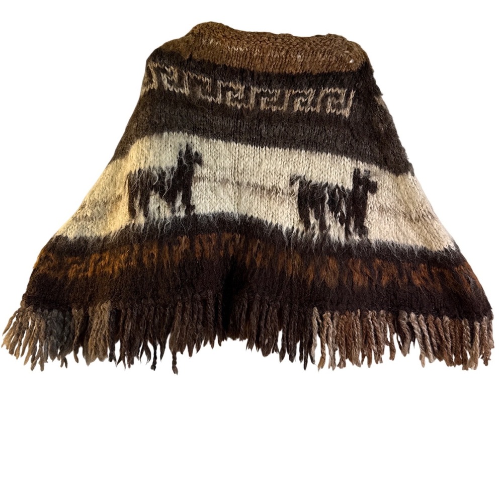 Mountain Gold Kids Alpaca Wool Poncho Hand Made Bolivia Llama Brown Fringe 27x14
